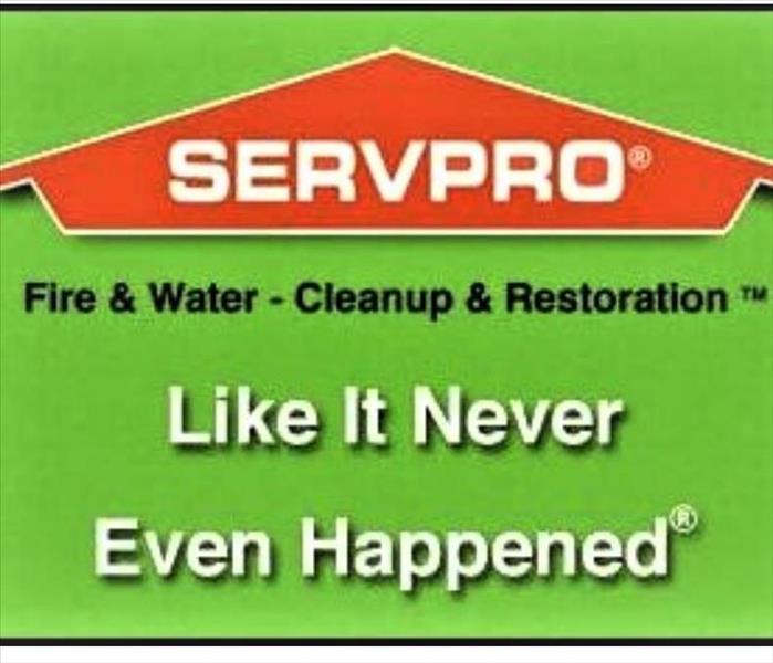 Servpro logo with fire & water - clean up restoration lettering in black and like it never happened in white lettering
